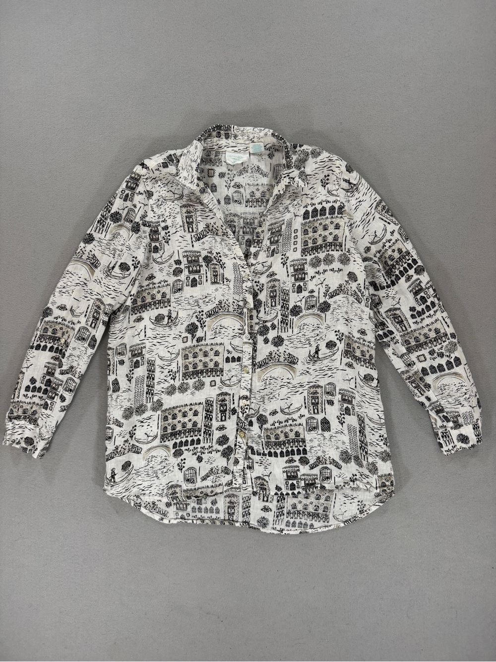 Cynthia Rowley 100% Linen Venice Gondola Print Button Down Shirt Large
